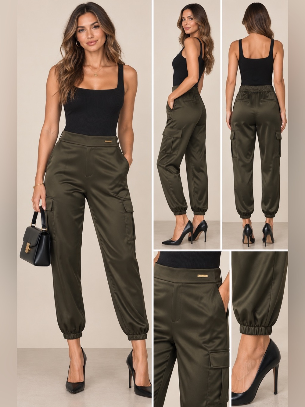 Nine West Olive Green Satin Cargo Joggers | Size S | EUC!!